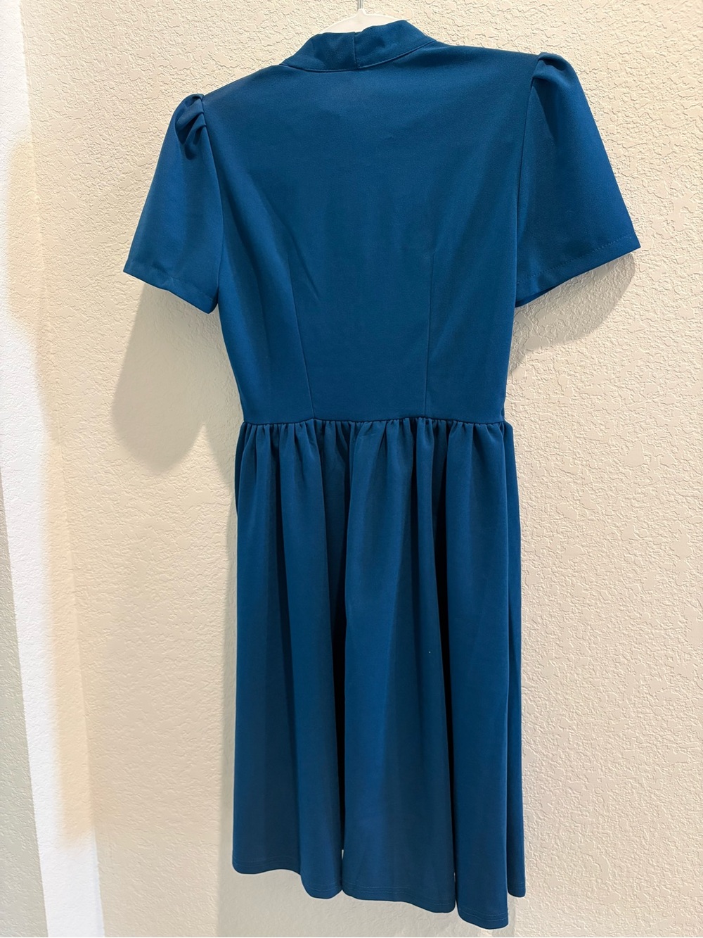 Women’s' Teal Bow Neck Short Sleeve Button Up Dress - Picture 4 of 6